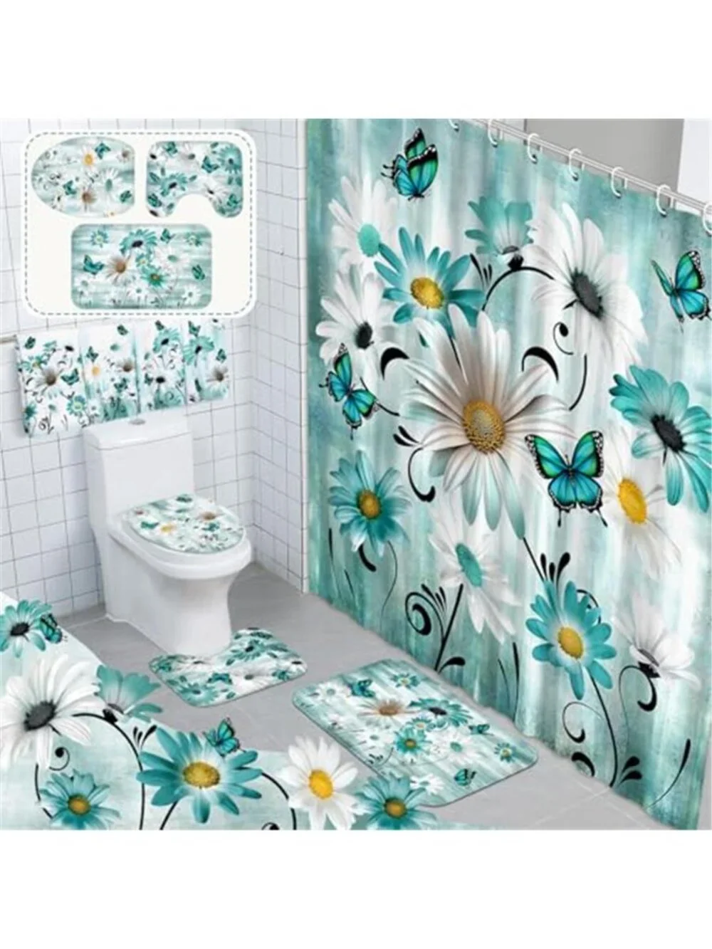 Teal Daisy Butterfly Shower Curtain Set Rugs Towels Bath Mat Toilet Cover Hooks